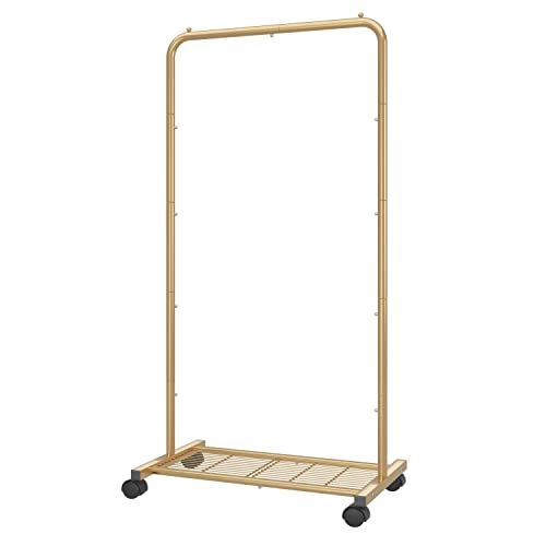 Simple Trending Standard Clothes Garment Rack, Clothing Rolling Rack with Mesh Storage Shelf on Wheels, Golden Yellow