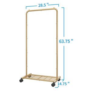 Simple Trending Standard Clothes Garment Rack, Clothing Rolling Rack with Mesh Storage Shelf on Wheels, Golden Yellow