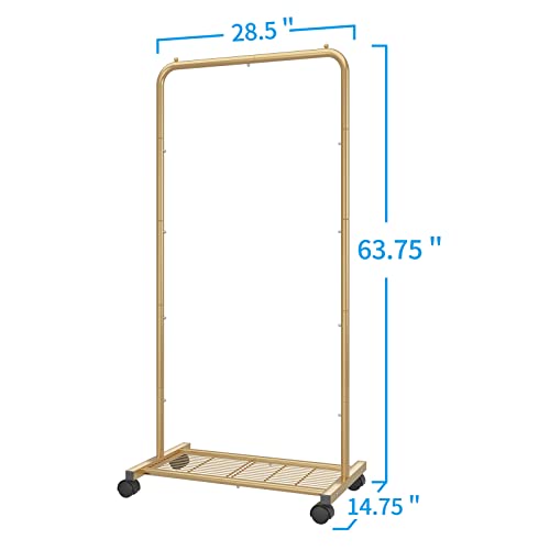 Simple Trending Standard Clothes Garment Rack, Clothing Rolling Rack with Mesh Storage Shelf on Wheels, Golden Yellow