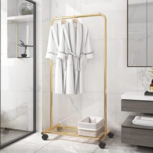 Simple Trending Standard Clothes Garment Rack, Clothing Rolling Rack with Mesh Storage Shelf on Wheels, Golden Yellow