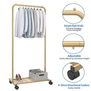 Simple Trending Standard Clothes Garment Rack, Clothing Rolling Rack with Mesh Storage Shelf on Wheels, Golden Yellow