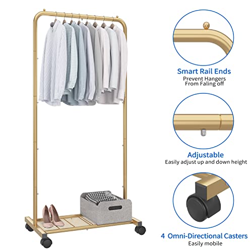 Simple Trending Standard Clothes Garment Rack, Clothing Rolling Rack with Mesh Storage Shelf on Wheels, Golden Yellow