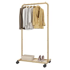 Simple Trending Standard Clothes Garment Rack, Clothing Rolling Rack with Mesh Storage Shelf on Wheels, Golden Yellow