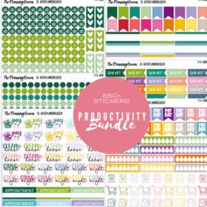 productivity sticker bundle, 850+ stickers, adult calender stickers, variety sticker pack, journal and calendar, accessories for planning, six sticker sheets per pack!