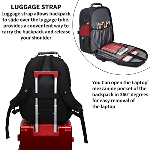 SHRRADOO Extra Large 52L Travel Laptop Backpack with USB Charging Port, College Backpack Airline Approved Business Work Bag Fit 17 Inch Laptops for Men Women,Red