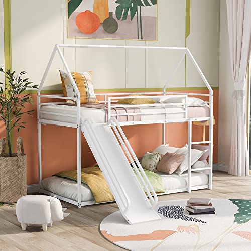 Harper & Bright Designs Twin-Over-Twin Metal House Bunk Bed with Convertible Slide, Ladder and Safety Guardrail Heavy Duty Metal Low Bunk Bed with House Shape and Roof, White