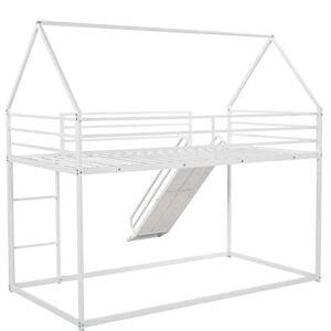 Harper & Bright Designs Twin-Over-Twin Metal House Bunk Bed with Convertible Slide, Ladder and Safety Guardrail Heavy Duty Metal Low Bunk Bed with House Shape and Roof, White