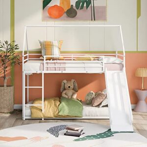 Harper & Bright Designs Twin-Over-Twin Metal House Bunk Bed with Convertible Slide, Ladder and Safety Guardrail Heavy Duty Metal Low Bunk Bed with House Shape and Roof, White