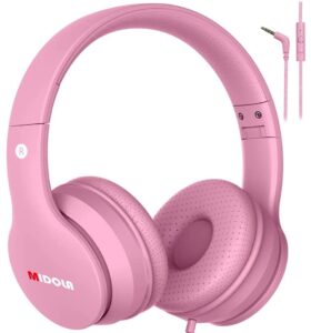 midola kids headphones wired over ear foldable kids volume limit 85db /110db light foldable headset with inline aux 3.5mm mic for child boy girl travel school gaming pad pc laptop tablet pink