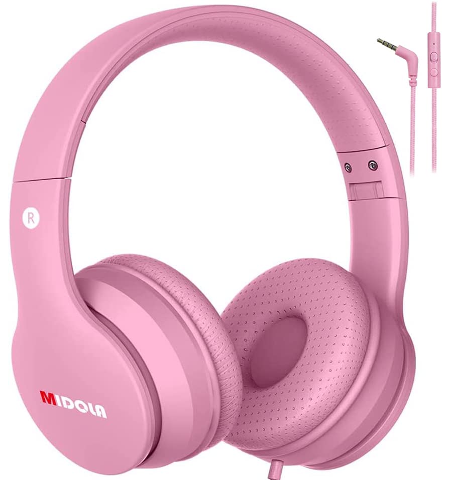 MIDOLA Kids Headphones Wired Over Ear Foldable Kids Volume Limit 85dB /110dB Light Foldable Headset with Inline AUX 3.5mm Mic for Child Boy Girl Travel School Gaming Pad PC Laptop Tablet Pink