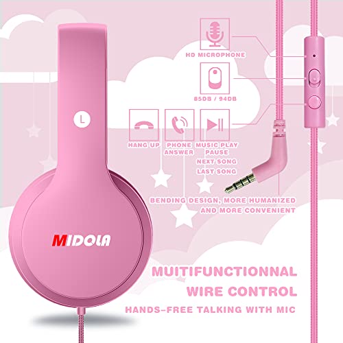 MIDOLA Kids Headphones Wired Over Ear Foldable Kids Volume Limit 85dB /110dB Light Foldable Headset with Inline AUX 3.5mm Mic for Child Boy Girl Travel School Gaming Pad PC Laptop Tablet Pink