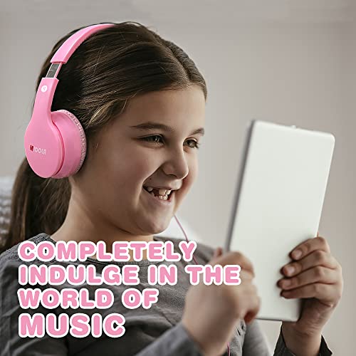 MIDOLA Kids Headphones Wired Over Ear Foldable Kids Volume Limit 85dB /110dB Light Foldable Headset with Inline AUX 3.5mm Mic for Child Boy Girl Travel School Gaming Pad PC Laptop Tablet Pink