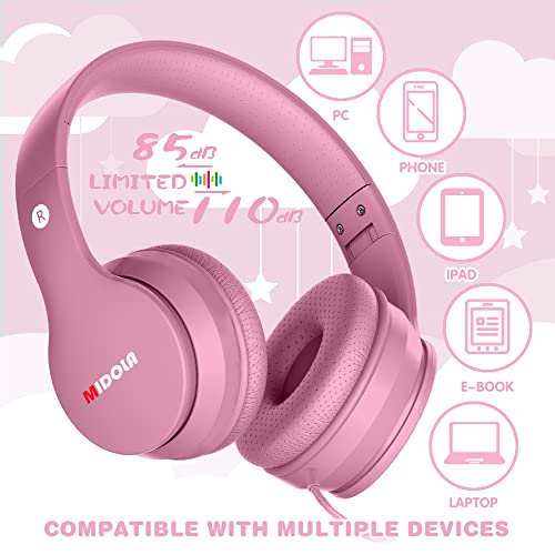 MIDOLA Kids Headphones Wired Over Ear Foldable Kids Volume Limit 85dB /110dB Light Foldable Headset with Inline AUX 3.5mm Mic for Child Boy Girl Travel School Gaming Pad PC Laptop Tablet Pink