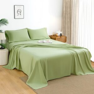 Full Size Bed Sheets Set 4 Piece - HENGWEI Extra Soft Deep Pocket Bedding Sheets & Pillowcases, Brushed Microfiber, Wrinkle Free, Fade Resistant, Breathable - Sage Green