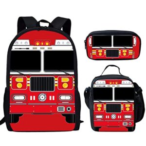 seanative boys cute fire truck print school backpack large size cartoon shoulder book bag for girls teens,set of 3