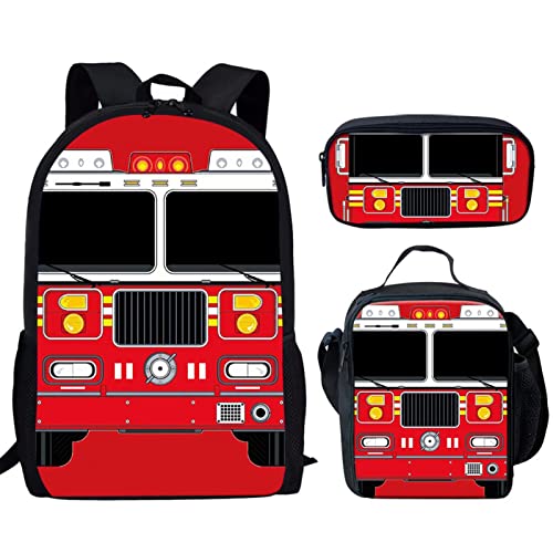 SEANATIVE Boys Cute Fire Truck Print School Backpack Large Size Cartoon Shoulder Book Bag for Girls Teens,Set of 3