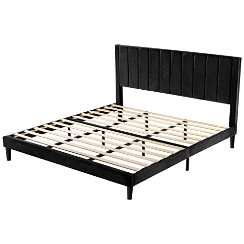 Allewie King Bed Frame/Velvet Upholstered Bed Frame with Vertical Channel Tufted Headboard/Strong Wooden Slats/Platform Bed Frame/Mattress Foundation/Box Spring Optional/Easy Assembly/Black