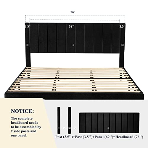 Allewie King Bed Frame/Velvet Upholstered Bed Frame with Vertical Channel Tufted Headboard/Strong Wooden Slats/Platform Bed Frame/Mattress Foundation/Box Spring Optional/Easy Assembly/Black