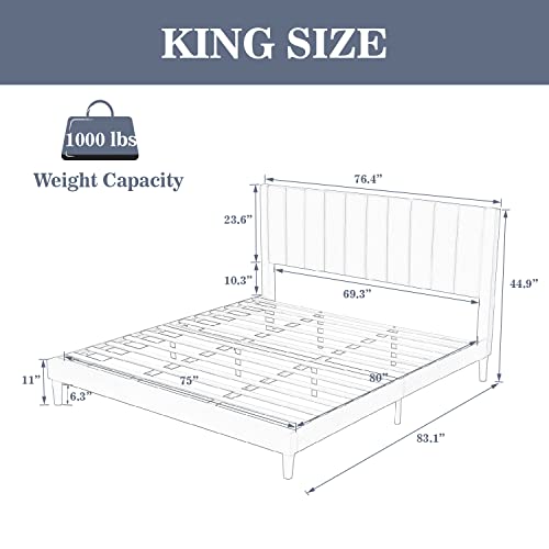 Allewie King Bed Frame/Velvet Upholstered Bed Frame with Vertical Channel Tufted Headboard/Strong Wooden Slats/Platform Bed Frame/Mattress Foundation/Box Spring Optional/Easy Assembly/Black