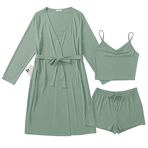 Ekouaer 3 Piece Pajama Set Women Cami Pjs with Shorts and Long Sleeve Cardigan Knit Lounge Outfits Green