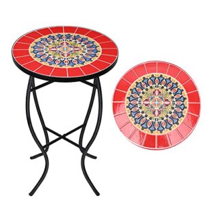 vcuteka mosaic outdoor side table - small patio table coffee table outside accent table round end plant table for bistro balcony porch outdoor benches 14'' mosaic table red