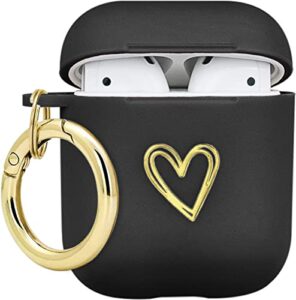 wonjury airpods case soft tpu gold heart pattern cute with keychain shockproof cover case for girls woman apple airpods 2 &1 - black