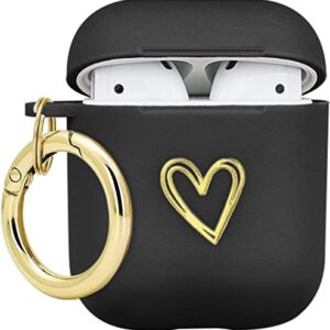 Wonjury AirPods Case Soft TPU Gold Heart Pattern Cute with Keychain Shockproof Cover Case for Girls Woman Apple Airpods 2 &1 - Black