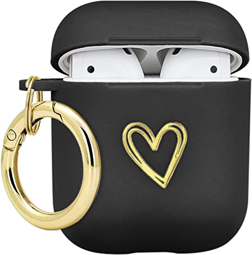 Wonjury AirPods Case Soft TPU Gold Heart Pattern Cute with Keychain Shockproof Cover Case for Girls Woman Apple Airpods 2 &1 - Black