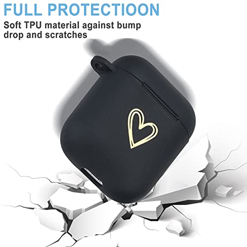 Wonjury AirPods Case Soft TPU Gold Heart Pattern Cute with Keychain Shockproof Cover Case for Girls Woman Apple Airpods 2 &1 - Black