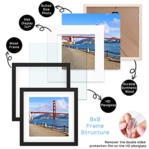9x9 inch Wood Picture Frame for Wall Hanging or Tabletop Square Photo Frames with 1 Mats Display 7x7 inch for Baby Scan,Poster,Walls Decoration,Anniversary,Wedding,Christmas,Diamond Painting(Black)