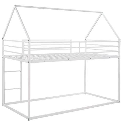 Harper & Bright Designs Twin Over Twin House Bunk Bed with Built-in Ladder, Metal Low Bunk Bed for Kids Girls Boys - White
