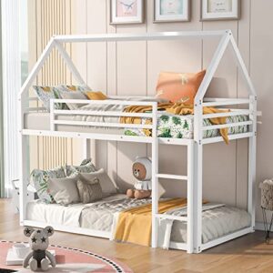 harper & bright designs twin over twin house bunk bed with built-in ladder, metal low bunk bed for kids girls boys - white