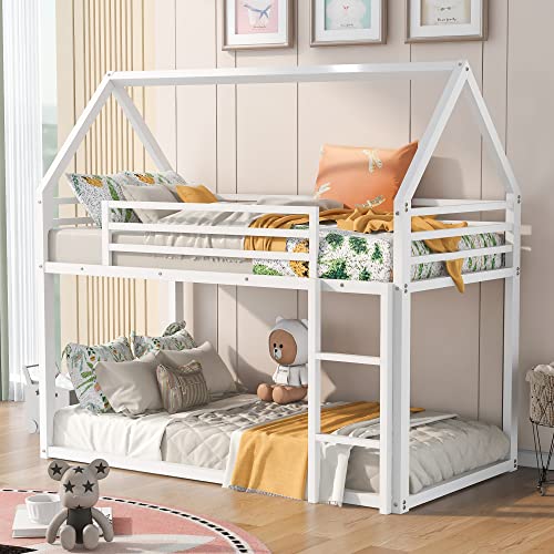 Harper & Bright Designs Twin Over Twin House Bunk Bed with Built-in Ladder, Metal Low Bunk Bed for Kids Girls Boys - White