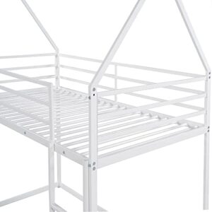 Harper & Bright Designs Twin Over Twin House Bunk Bed with Built-in Ladder, Metal Low Bunk Bed for Kids Girls Boys - White