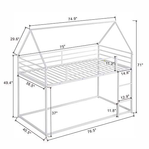 Harper & Bright Designs Twin Over Twin House Bunk Bed with Built-in Ladder, Metal Low Bunk Bed for Kids Girls Boys - White