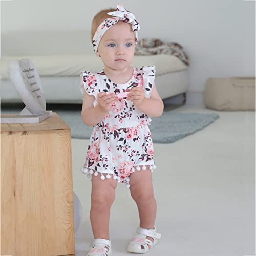 Hascloth Newborn Baby Girl Romper Infant Tassel Bodysuit Floral Dress Shorts Jumpsuit Ruffle Sleeveless Summer Clothes Outfit Set Brown 0-3 Months