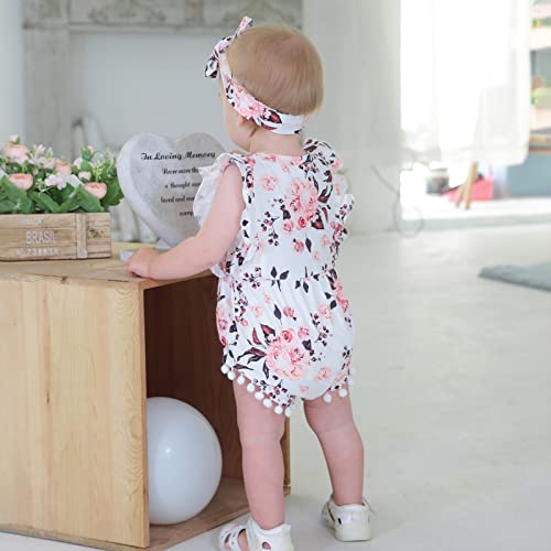 Hascloth Newborn Baby Girl Romper Infant Tassel Bodysuit Floral Dress Shorts Jumpsuit Ruffle Sleeveless Summer Clothes Outfit Set Brown 0-3 Months