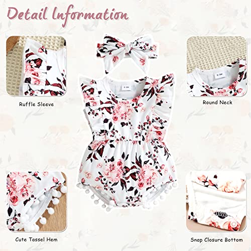 Hascloth Newborn Baby Girl Romper Infant Tassel Bodysuit Floral Dress Shorts Jumpsuit Ruffle Sleeveless Summer Clothes Outfit Set Brown 0-3 Months