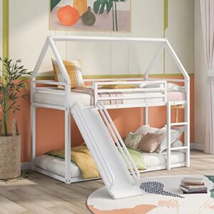 harper & bright designs twin over twin house bunk bed with slide and ladder, metal low bunk bed frame for kids girls boys - white