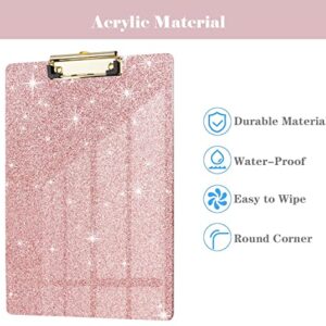 WAVEYU Acrylic Clipboard, Glitter Pink Clipboard for Women Girls, Stardard Letter Size Clipboard with Low Profile Gold Clip Designed for Classroom School and Office Use, A4 Size 12.5" x 9", Rose Gold