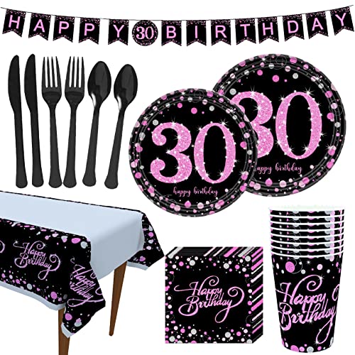 Rainmae 30th Pink Gold Birthday Party Supplies Tableware Set-16 Guests Include Plates Cups Napkins Knives Spoons Forks Table Cloth Banner for 30 Years Old Party Decoration Birthday Wedding Anniversary