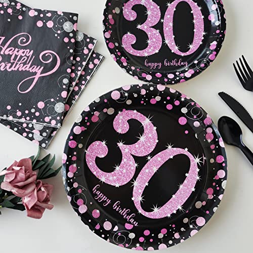 Rainmae 30th Pink Gold Birthday Party Supplies Tableware Set-16 Guests Include Plates Cups Napkins Knives Spoons Forks Table Cloth Banner for 30 Years Old Party Decoration Birthday Wedding Anniversary