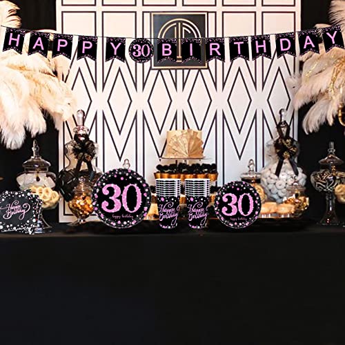 Rainmae 30th Pink Gold Birthday Party Supplies Tableware Set-16 Guests Include Plates Cups Napkins Knives Spoons Forks Table Cloth Banner for 30 Years Old Party Decoration Birthday Wedding Anniversary