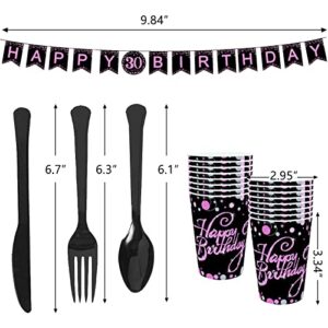 Rainmae 30th Pink Gold Birthday Party Supplies Tableware Set-16 Guests Include Plates Cups Napkins Knives Spoons Forks Table Cloth Banner for 30 Years Old Party Decoration Birthday Wedding Anniversary