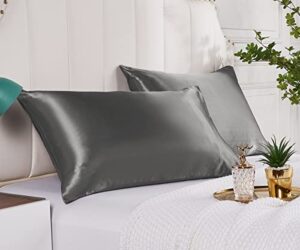 satin silk pillowcases for hair and skin 2 pack standard size pillow cases wrinkle resistant ultra soft pillow covers with envelope closure(dark grey, 20”x26”)