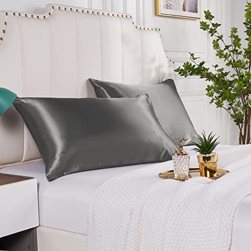 Satin Silk Pillowcases for Hair and Skin 2 Pack Standard Size Pillow Cases Wrinkle Resistant Ultra Soft Pillow Covers with Envelope Closure(Dark Grey, 20”X26”)