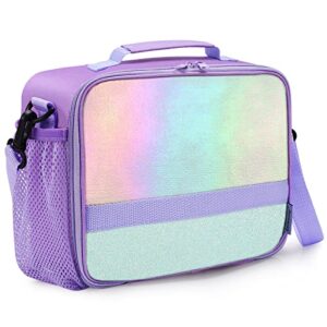 cerbonny kids lunch box insulated kids lunch bag for school with adjustable shoulder strap&bottle holder,girls lunch box with durable zipper pockets ,keep food cold&warm for long time, crystal purple