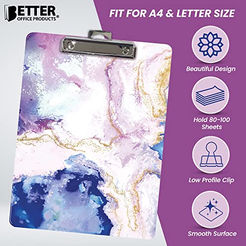 Fashion Clipboard, Abstract Art Design, Standard A4 Letter Size, 12.5" x 9", Wooden Clipboard, Low Profile Clip, Decorative Clipboard, by Better Office Products (Blue-Purple)