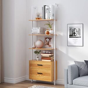 sogeshome industrial wall-mounted ladder shelf with cabinet, 4-tier bookshelf with metal frame, storage display shelf with 2 drawers for living room, office, bedroom, bathroom, kitchen