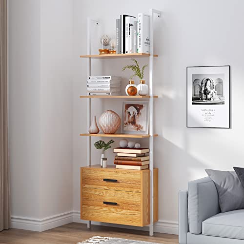 SogesHome Industrial Wall-Mounted Ladder Shelf with Cabinet, 4-Tier Bookshelf with Metal Frame, Storage Display Shelf with 2 Drawers for Living Room, Office, Bedroom, Bathroom, Kitchen